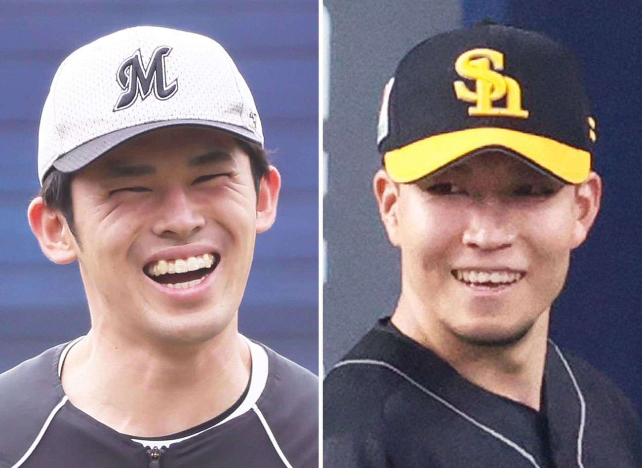 ロッテ佐々木朗希、ソフトバンク千賀滉大（右）