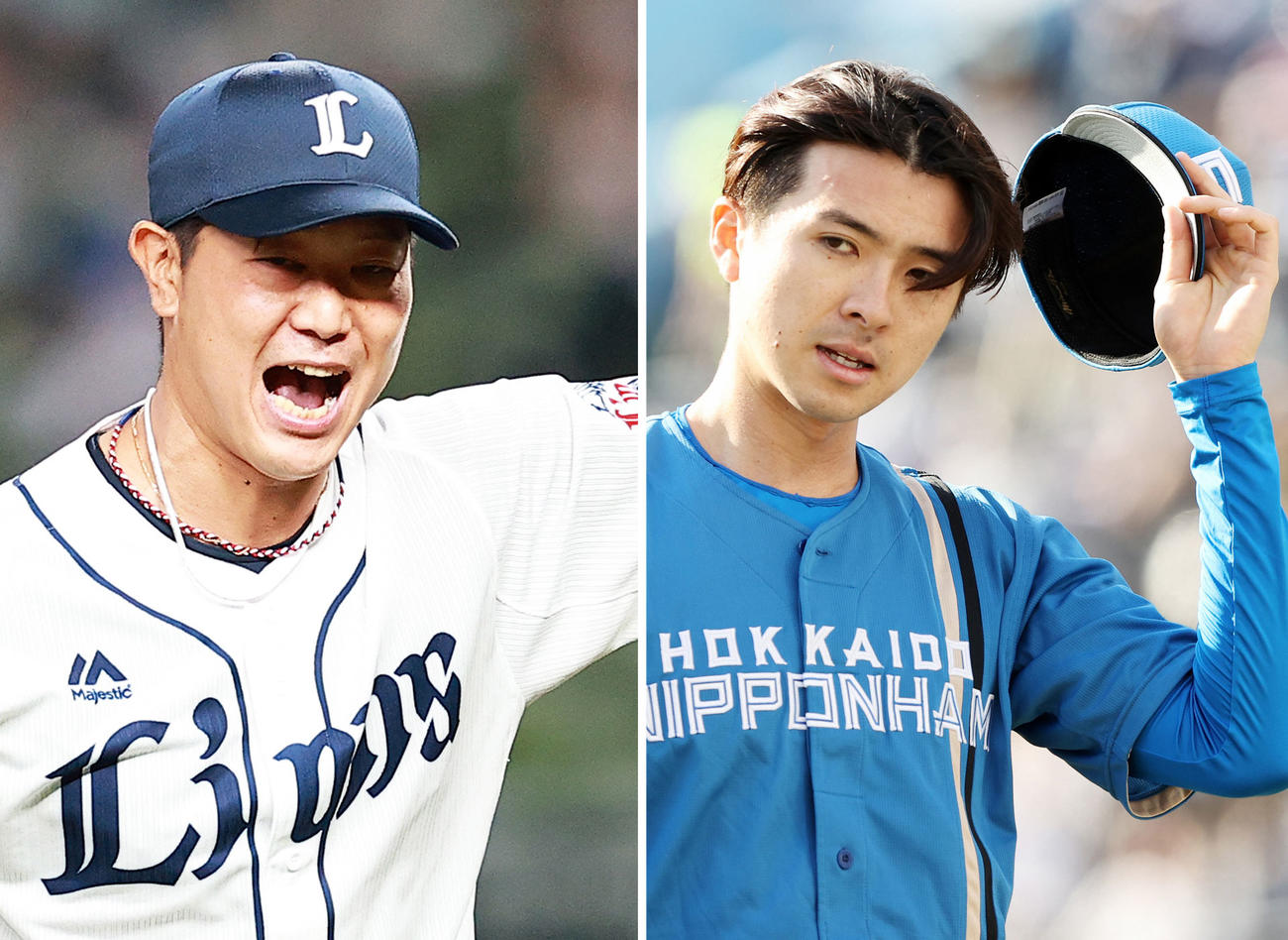 西武内海哲也、日本ハム上沢直之（右）