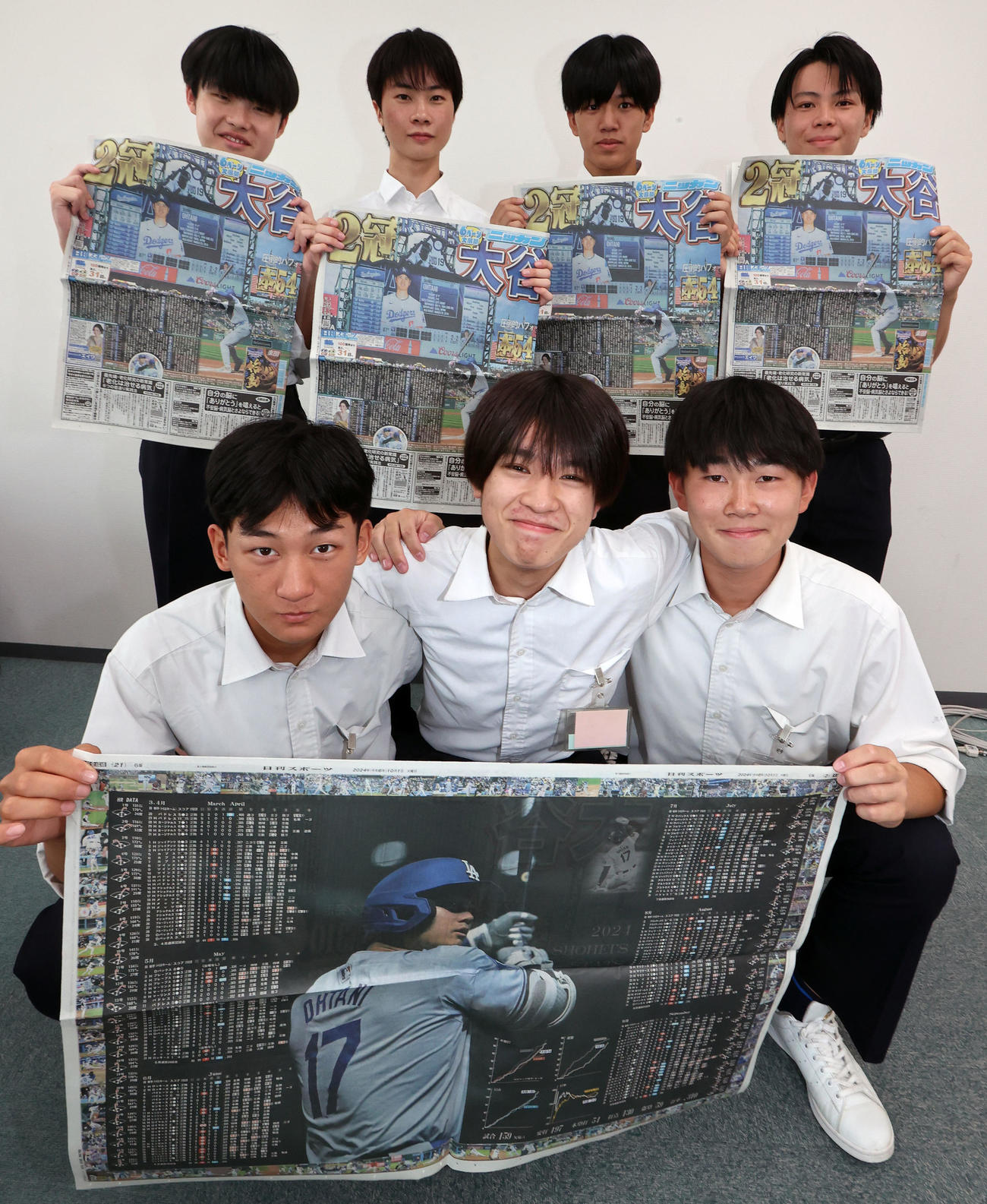 日刊スポーツ東京本社を訪問し、10月1日付紙面を手にする新潟明訓の生徒たち