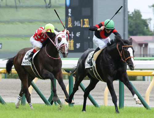 10日、東京新馬戦を制したブリックスアンドモルタル産駒ゴンバデカーブースとレーン騎手（右）