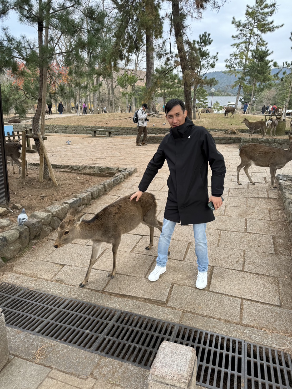 奈良公園の鹿に触れるムルザバエフ騎手