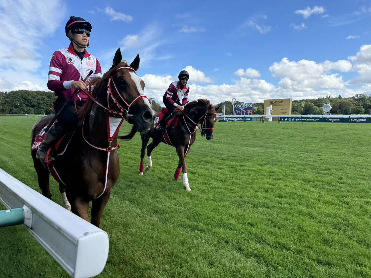 パリロンシャン競馬場で調整したシンエンペラー（手前）とラファミリア
