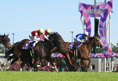 8番人気で高松宮記念を制したナランフレグ（右）。手前は2着の5番人気ロータスランド、中央は17番人気で3着のキルロード
