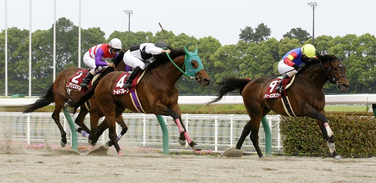 2003年5月25日、東海Sで1着ゴールのディーエスサンダー（右）は降着し、ゴールドプルーフ（中央）が優勝