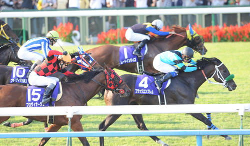 08年秋華賞で2着のムードインディゴと福永祐一騎手(奥)。手前は勝ったブラックエンブレム
