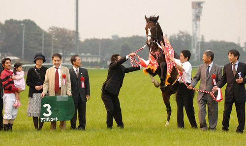 09年富士Sを制したアブソリュートと田中勝春騎手(左端)