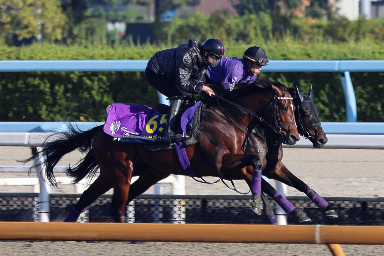 併せ馬で時計を出したドウデュース（手前）