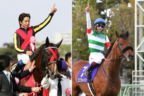 09年皐月賞をアンライバルドで制した岩田康騎手(左)と21年皐月賞をエフフォーリアで制した横山武騎手