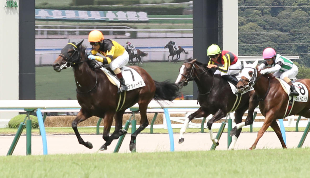 23年8月、2歳未勝利戦を勝ち上がったドナヴィーナス（左）