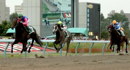 メイショウトウコン(左)は後続に3馬身半差の圧勝でエルムSを制した(2007年9月17日撮影)