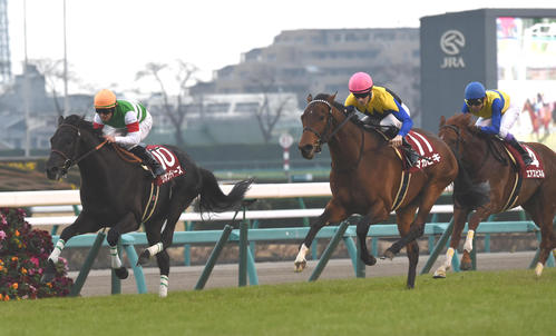 リオンディーズ(左)をゴール前首差捕らえたマカヒキ(中央)が弥生賞を制した(2016年3月6日撮影)