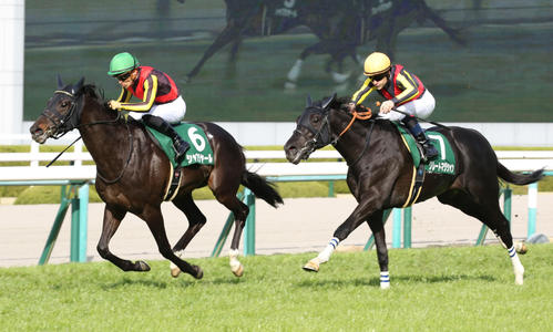 21年毎日杯を制したシャフリヤール(左)。右は2着グレートマジシャン