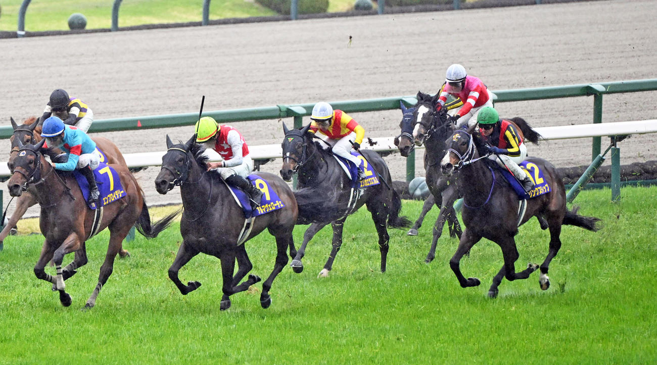 桜花賞3着に敗れたリンクスティップ（右端）。左は勝ったエンブロイダリー