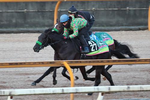 Cウッドで併せ馬に食らいつくゲルチュタール(右)