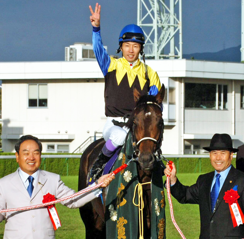 ディープインパクトで3冠を達成した武豊騎手と池江泰郎調教師（右）