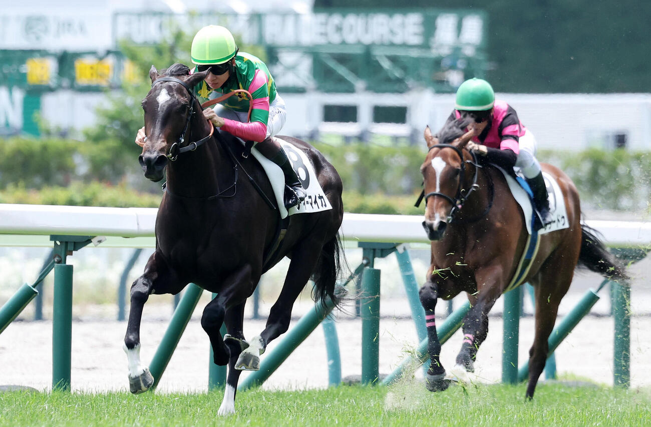 6月28日福島4Rの2歳新馬戦を圧勝したジーティーマイカ（左）