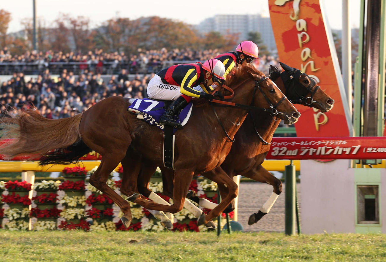 12年、オルフェーヴル（左）を鼻差で抑え、ジャパンカップを制したジェンティルドンナ