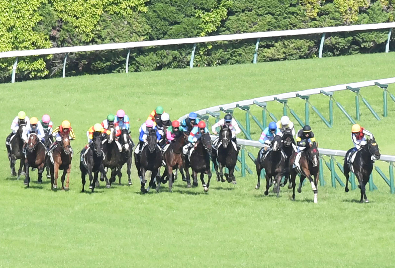 4角出口で外を回るドウデュース（左から2頭目）。同7頭目がイクイノックス
