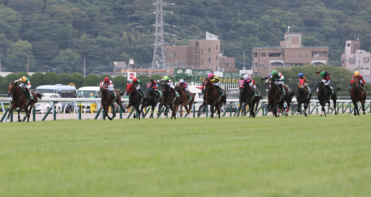 逃げ切って中京記念を制したベレヌス（左端）（2022年7月24日撮影）