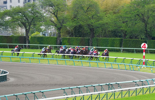 皐月賞で4コーナーを回るソールオリエンスと横山武騎手(左から3人目)(撮影・江口和貴)