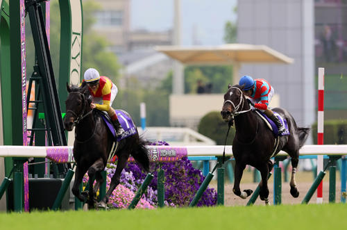 天皇賞・春を制したジャスティンパレスとC・ルメール騎手（左）。右は2着のディープボンド（撮影・加藤哉）