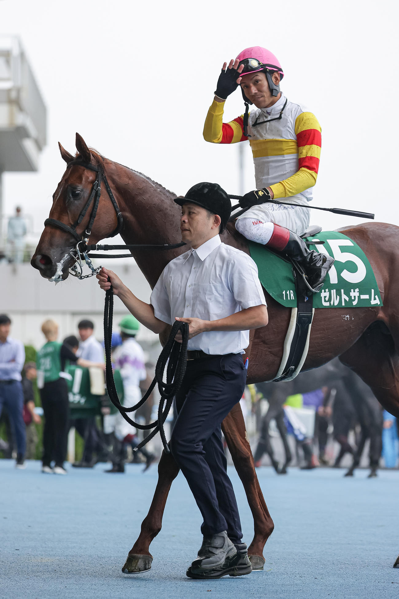 ゼルトザームで函館2歳Sを制しファンの声援に応える浜中騎手（撮影・村野早祐）