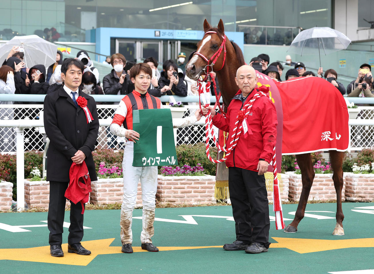阪急杯を制したウインマーベルと松山騎手（中央）ら（撮影・白石智彦）