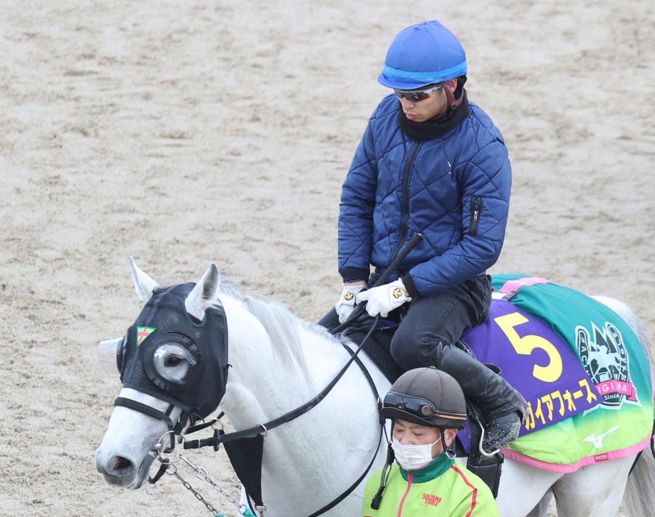 7日、長岡禎仁騎手を背に追い切りへ向かうガイアフォース