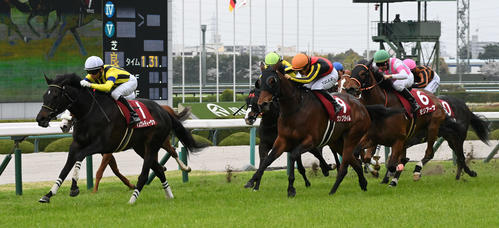 阪神牝馬Sで3着に入ったモリアーナ(右=6番)。左は勝ったマスクトディーヴァ