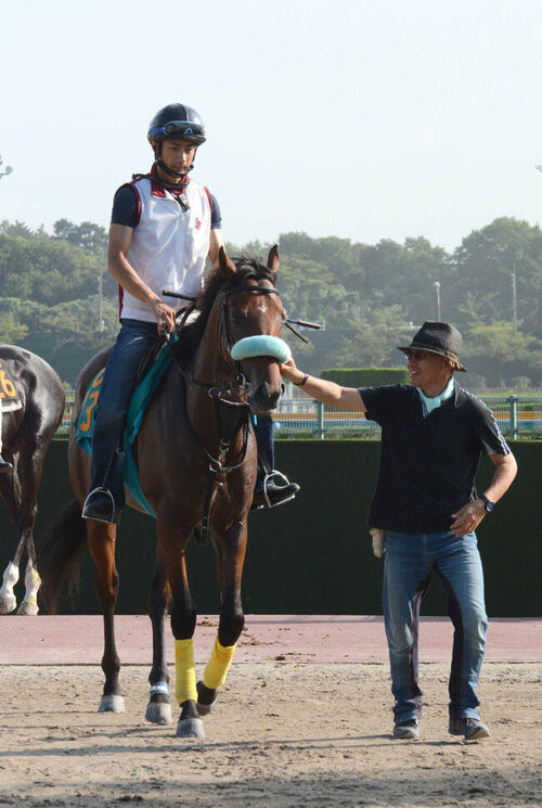 2走歩行で話題になった14年新潟2歳S勝ち馬ミュゼスルタン。右は大江原師。