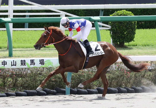 2021年4月、中山競馬3R、3歳未勝利戦を制したアーバンヒーローと宮崎北斗騎手