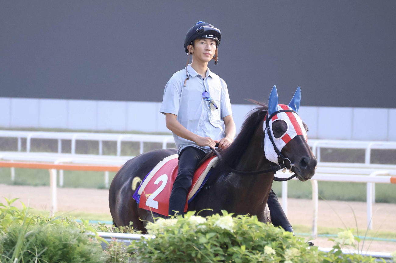ソウル競馬場での調教後に本馬場の外ラチ沿いを歩くディクテオンと藤田凌騎手