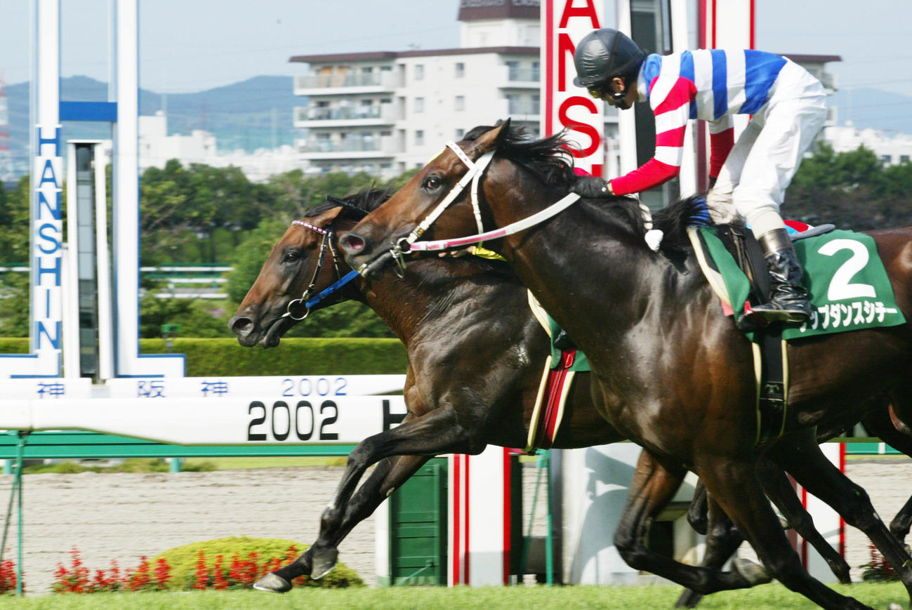 02年9月、朝日チャレンジカップで外から強烈な末脚でイブキガバメント（左）をハナ差で差しきったタップダンスシチーと佐藤哲三騎手