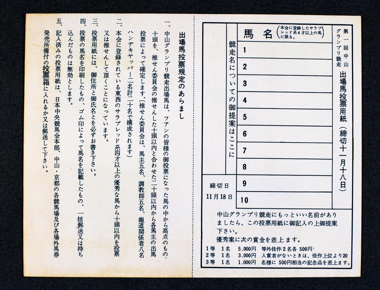 第1回中山グランプリのファン投票用紙（馬の博物館所蔵）