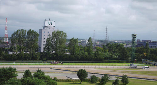 新潟競馬場の向正面を疾走する馬群を見下ろす「ホテルUs競馬場」(撮影・奥岡幹浩)