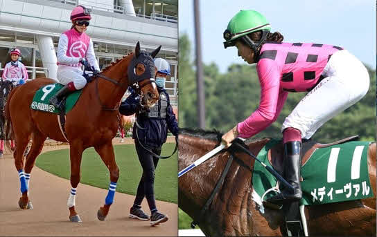模擬レース（左）とアイビスSD（右）でヘルメットカメラを着用する今村聖奈騎手