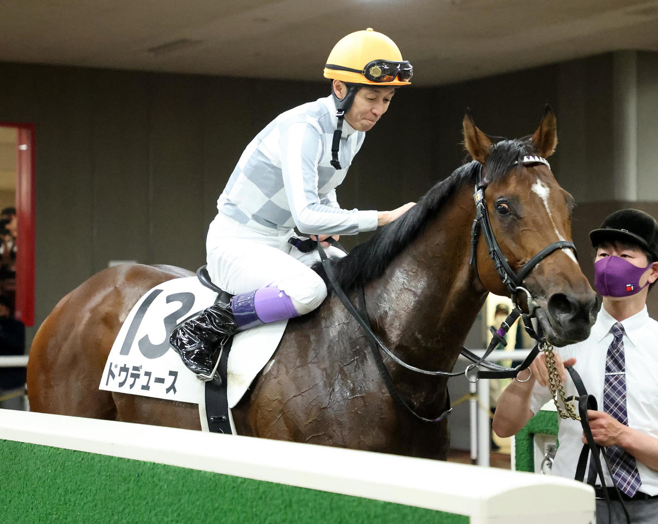 日本ダービーを制したドウデュースをなでる武豊騎手（撮影・鈴木正人）