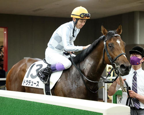 日本ダービーを制したドウデュースをなでる武豊騎手(撮影・鈴木正人)