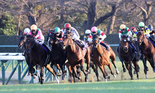 最終コーナーを駆け上がるドウデュース(左から4頭目)と武豊騎手(撮影・鈴木正人)