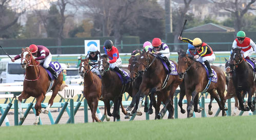 ホープフルSを制したレガレイラ（右から2頭目）とルメール騎手（撮影・丹羽敏通）