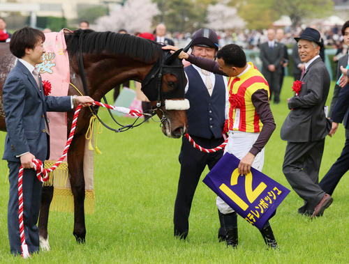 桜花賞を制し、ステレンボッシュの頭をなでてねぎらうJ・モレイラ騎手(撮影・加藤哉)