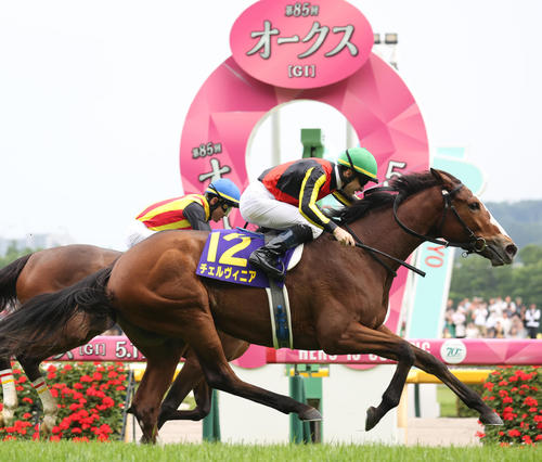 オークスを制したチェルヴィニアとルメール騎手（撮影・柴田隆二）