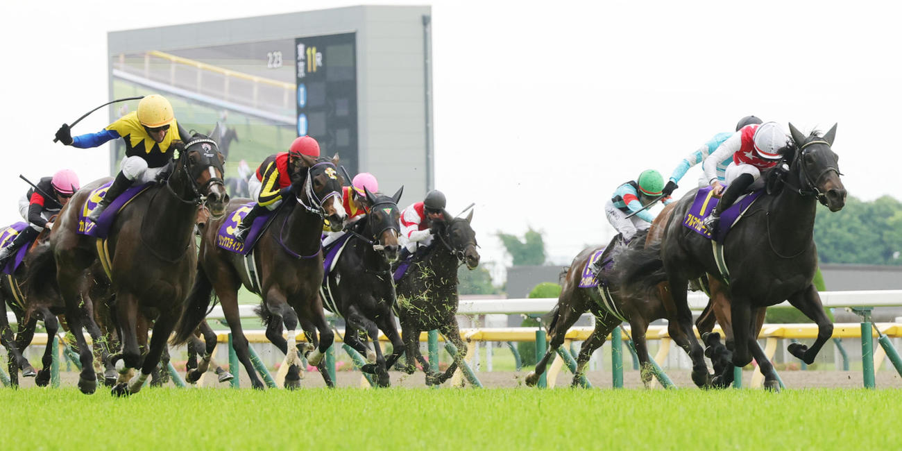 オークスを制したシュタルケ騎乗のカムニャック（左端）（撮影・野上伸悟）