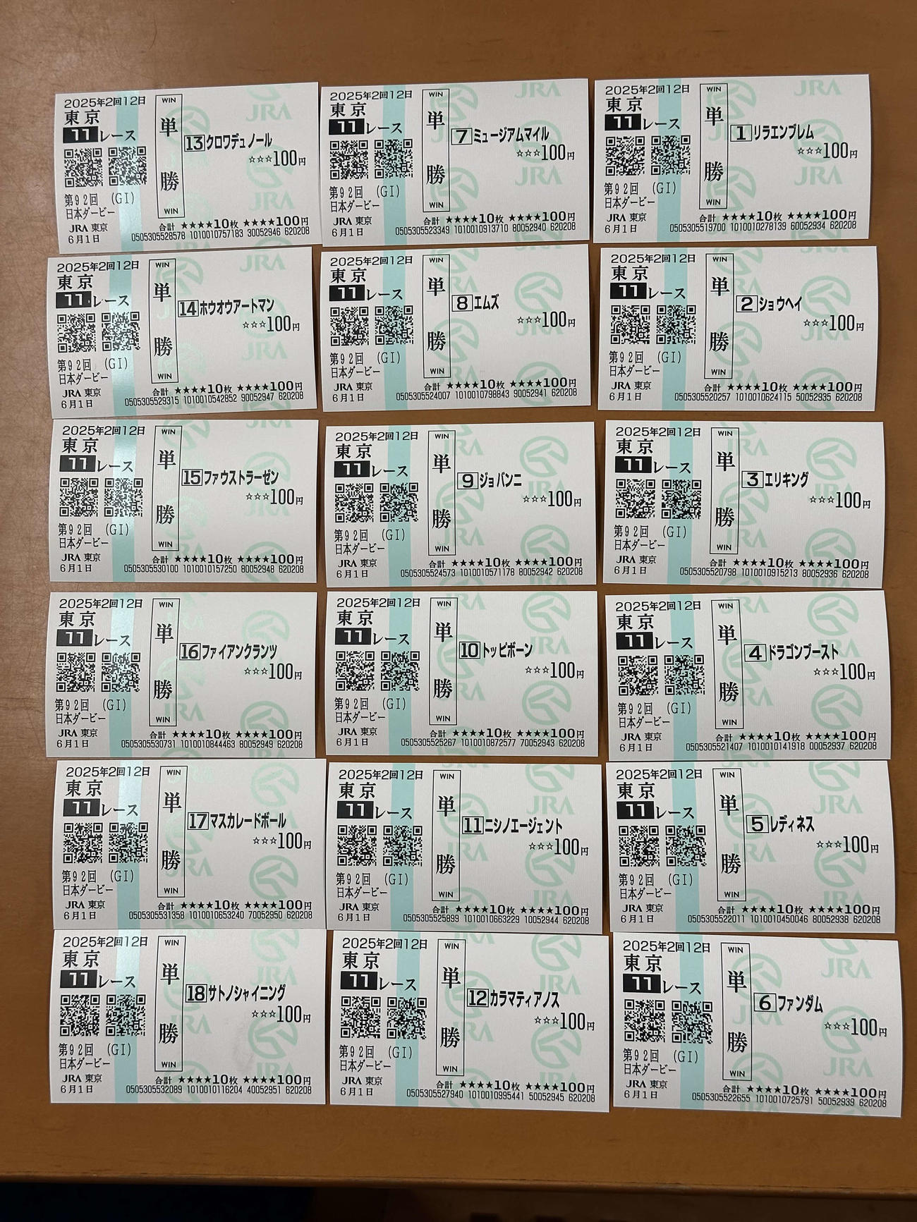 日本ダービー全頭馬券