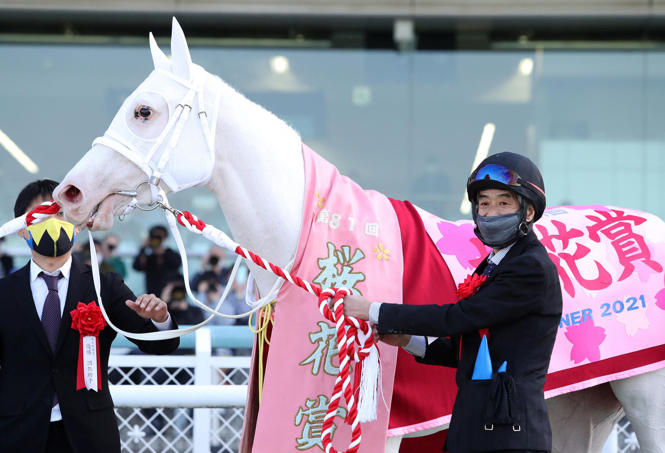 桜花賞を制し優勝レイをかけられるソダシ（撮影・白石智彦）