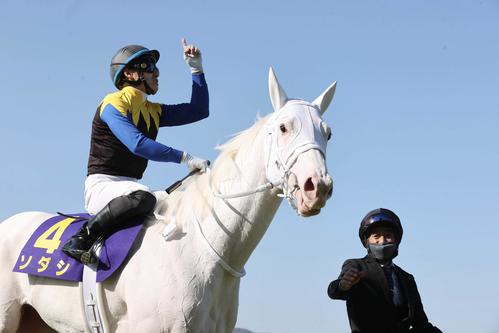 快勝したソダシと指を突き上げて喜ぶ吉田隼人騎手（2021年4月11日撮影）