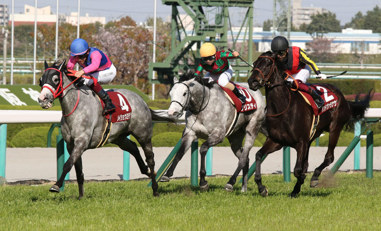 直線抜け出し阪神牝馬Sを快勝したメイショウミモザ（左）。右は2着アンドヴァラナウト（撮影・渦原淳）