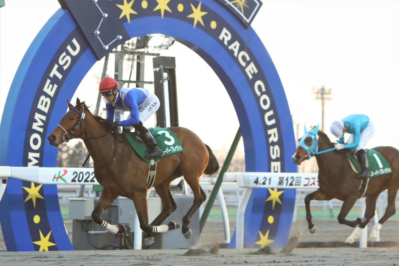 世代最初の勝ち名乗りを上げたポリゴンウェイヴ。右は2着リコシェ（撮影・奥村晶治）