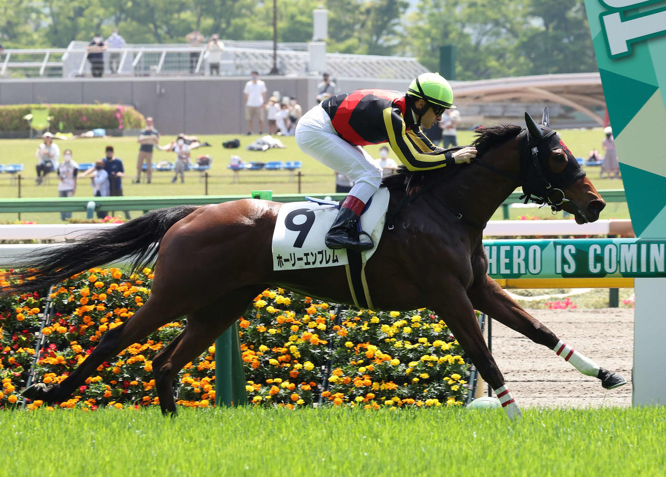 東京4R、3歳牝馬未勝利戦を制したホーリーエンブレムとルメール騎手（撮影・丹羽敏通）