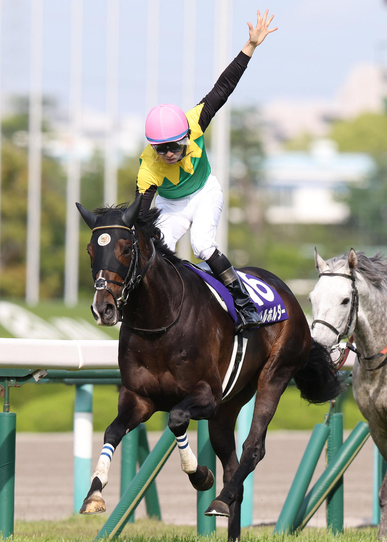 タイトルホルダーで天皇賞・春を制した横山和騎手は左手を高々と挙げた（撮影・白石智彦）